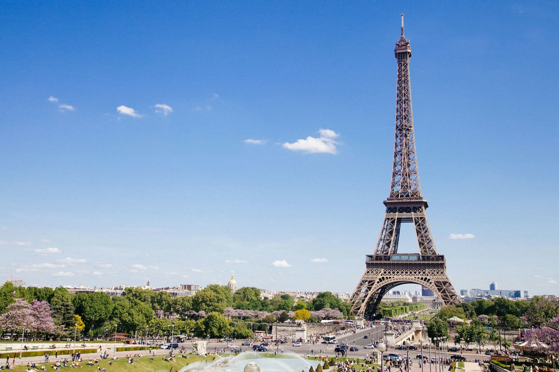 Eiffel Tower seen from across the Seine River at dusk