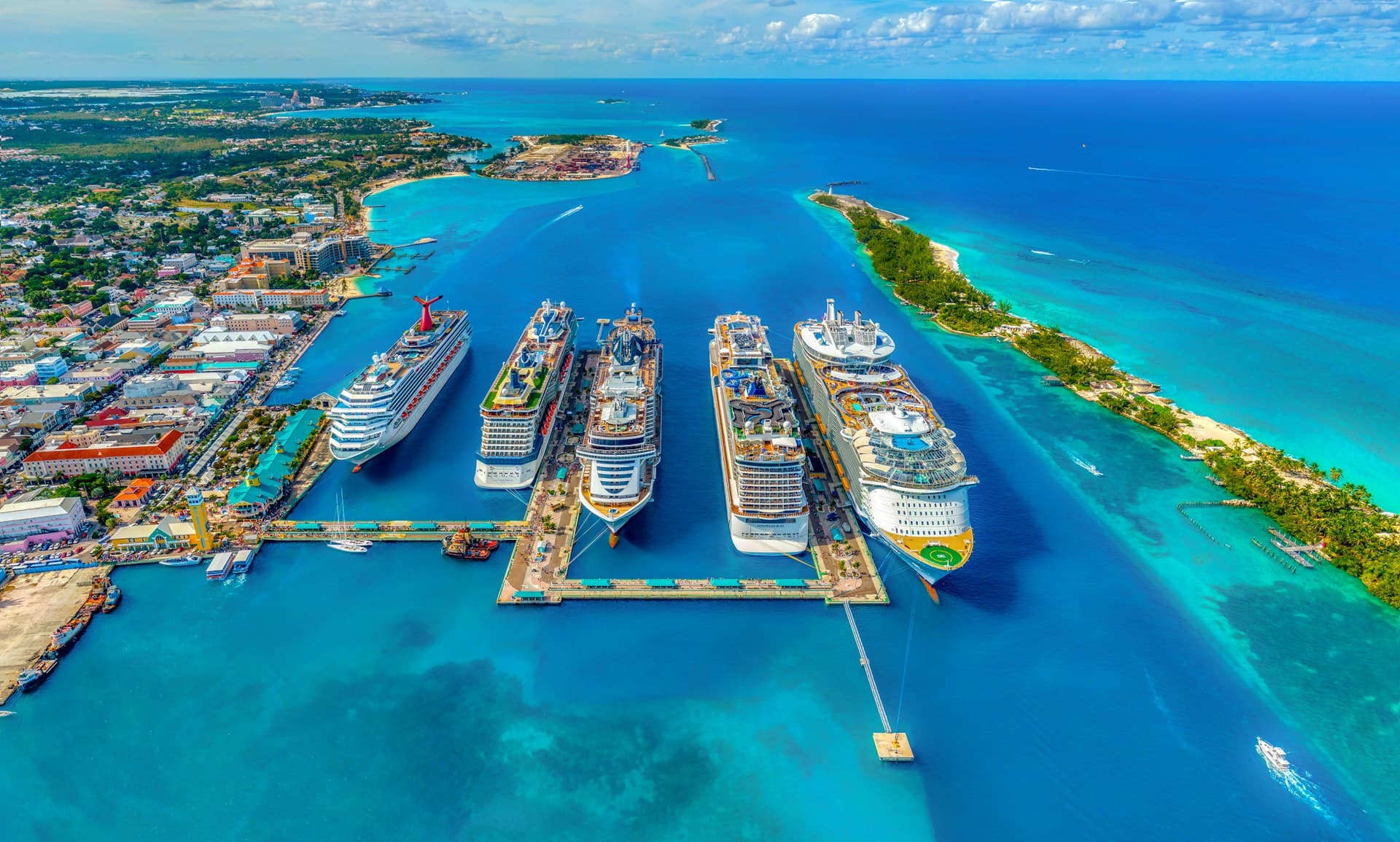 Large cruise ship docked at a Caribbean port